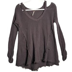 Free People Medium Moonshine Cold Shoulder Raw‎ Hem Swing Sweater Waffle Thermal